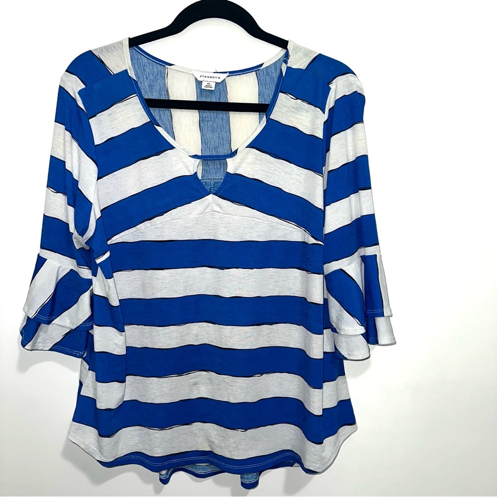 Blue and White Wide Striped Nautical-ish Blouse, flared 3/4 sleeve
